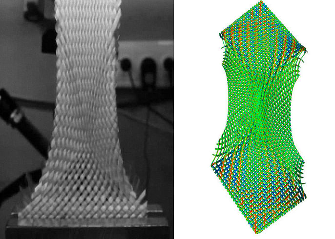 Left: Determining the critical shear angle of a woven fabric. Test performed at ITA. Right: Simulation of the same test with an incipient crease using TexMath.
