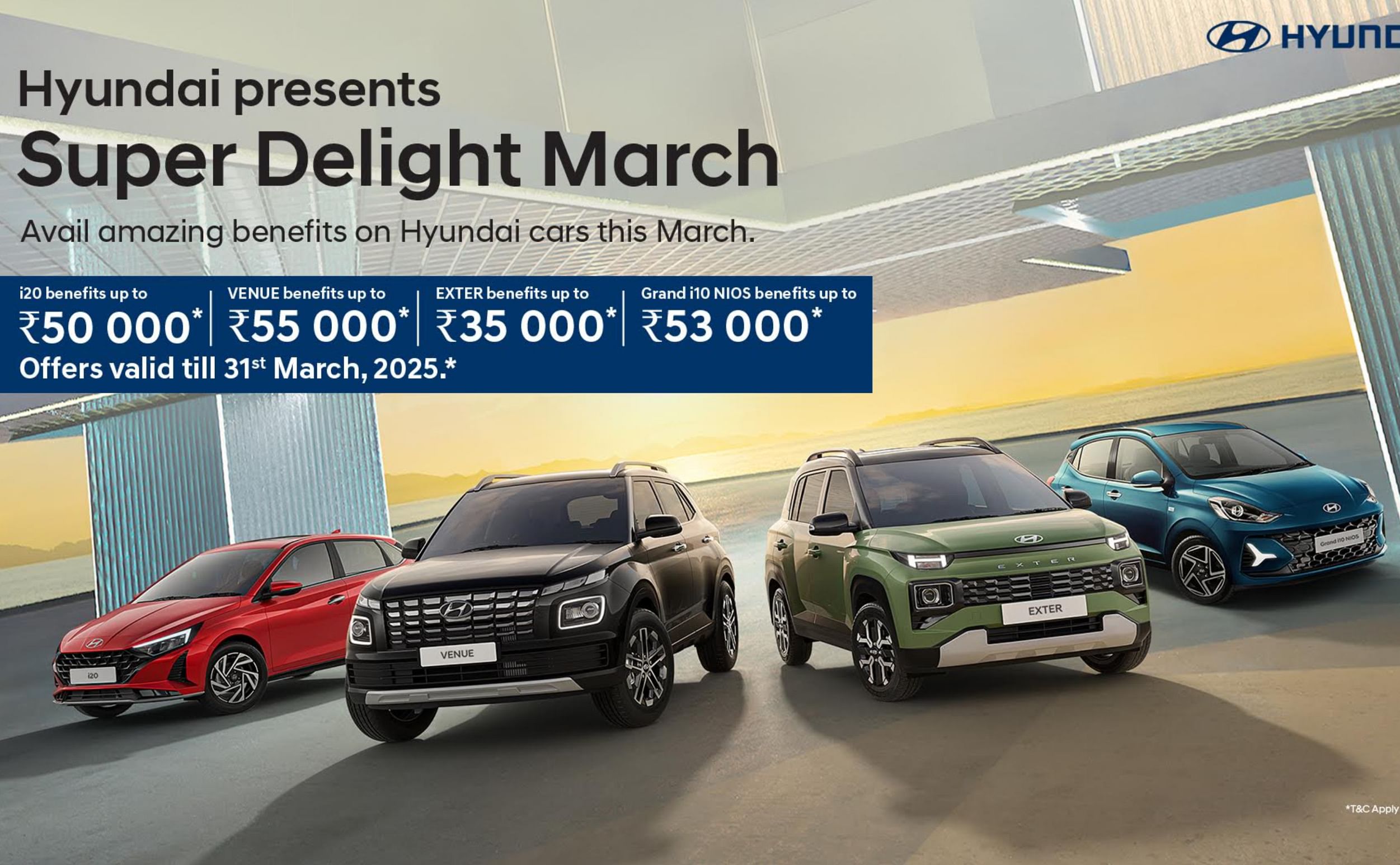 Hyundai Offers Discounts and Freebies on Exter, Venue, i20 and i10 Under Super Delight March