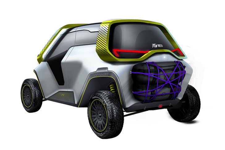 Tracy (length 3740 mm – width 2205 mm – wheelbase 2890 mm – height 2083 mm) is a solid, compact vehicle with four-wheel drive.