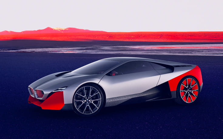 The low-slung, wedge-shaped sports-car silhouette of the BMW Vision M NEXT endows it with dramatic forward-surging intent, even when standing still.