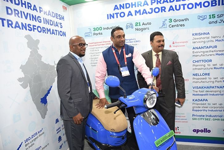 Andhra Pradesh Industries Minister Mekapati Goutham Reddy (centre) at the Auto Expo this year. He is flanked by Subramanyam Javvadi, CEO of the Andhra Pradesh Economic Development Board and Director, Industries &amp; Commerce Department (to his left), and Dr Ramana Ave, founder and CEO of Avera Electric Vehicles.