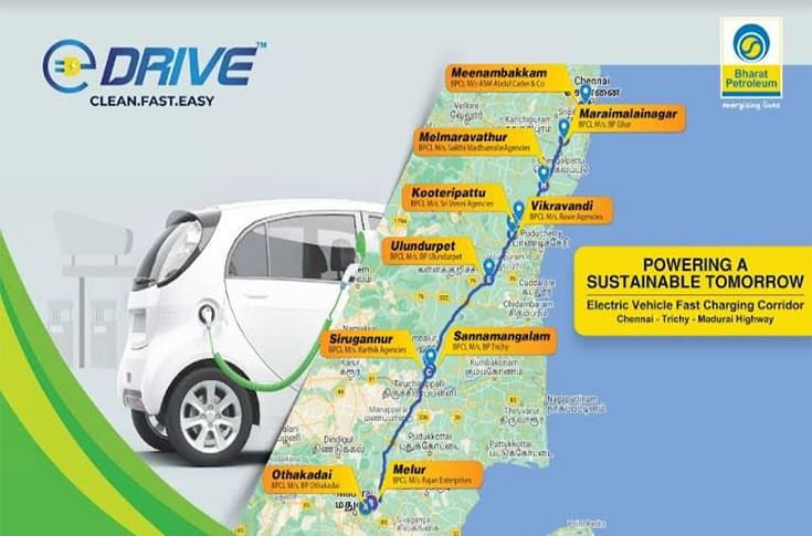 BPCL has committed 10 CCS-2 EV fast charging stations in the large format fuel stations on the Chennai - Trichy - Madurai national highway, each at a distance of approx 100 kms.