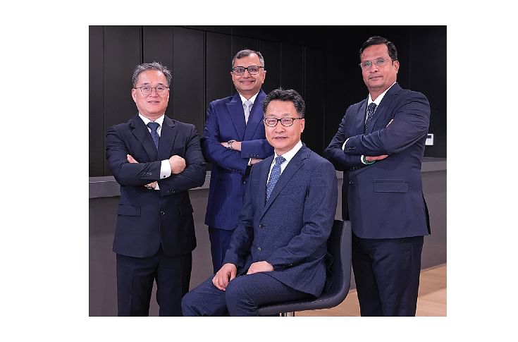 Hyundai Motor India officials (L-R): CFO Wangdo Hur, COO Tarun Garg, MD Unsoo Kim, and Chief Manufacturing Officer Gopalakrishnan CS.